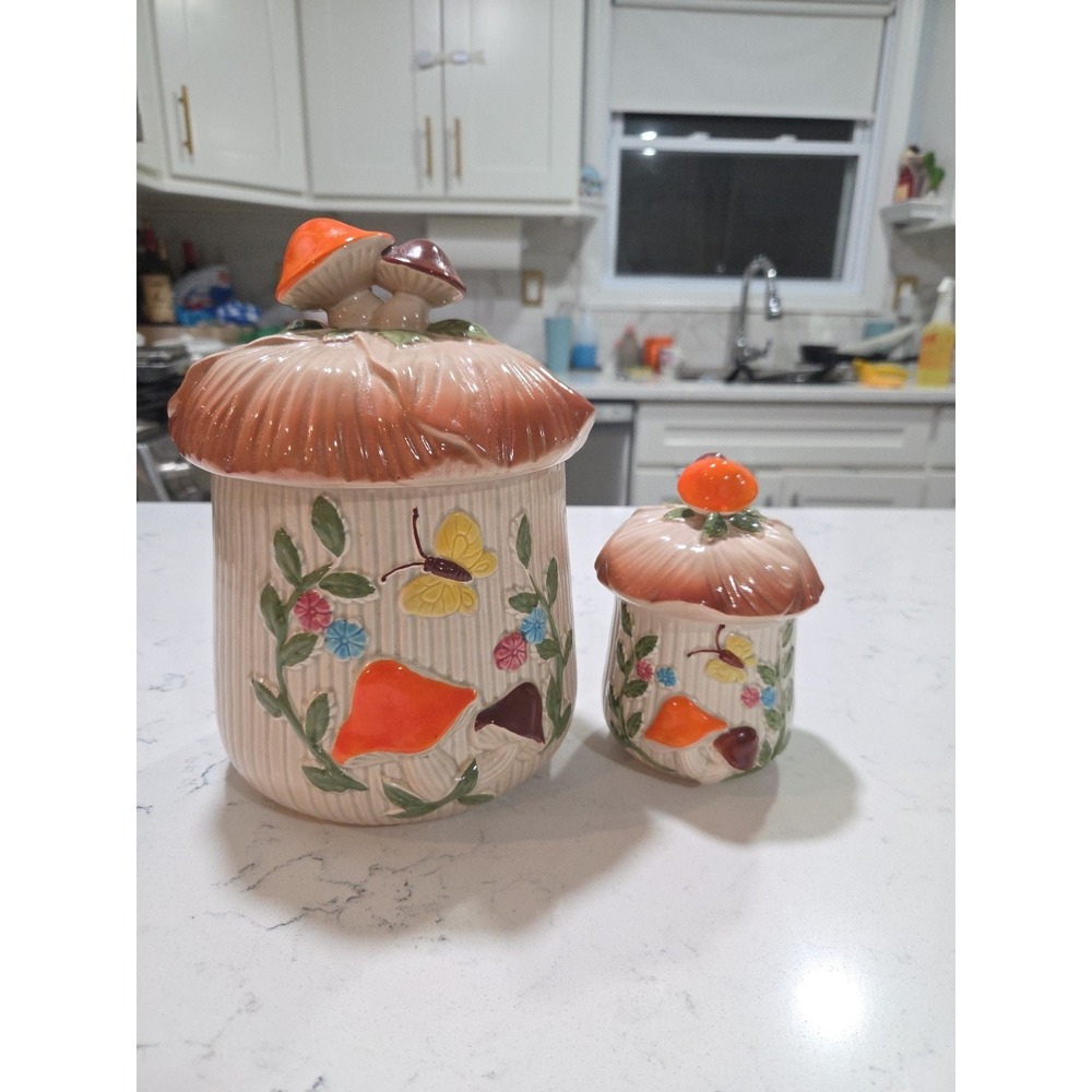 2 Vintage Mushroom Canister  Ceramic Made In Japan Rare Design w/Butterfly